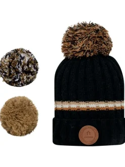 Bonnet Chocolate Milk noir rayé avec trois pompons interchangeables