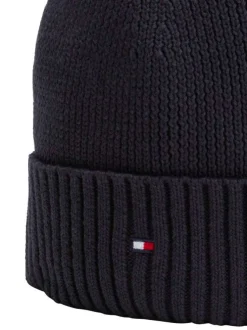 Bonnet en coton bleu marine en maille côtelée avec logo iconique brodé