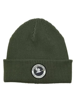 Bonnet en coton kaki uni en maille avec un patch sur le revers