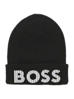 Bonnet en coton noir côtelé avec le logo de la marque à l'avant