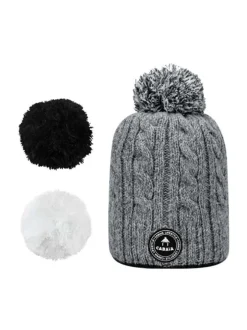 Bonnet gris chiné en maille torsadée Milky avec pompons interchangeables