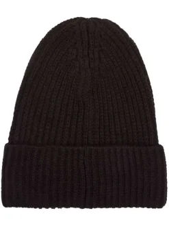 Bonnet noir en maille jersey avec un petit patch gravé du nom de la marque