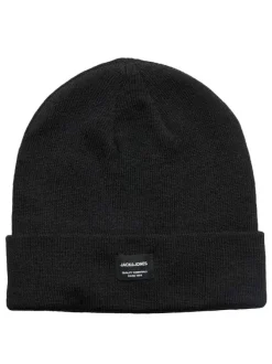 Bonnet noir uni à revers avec une étiquette d'authentification à l'avant