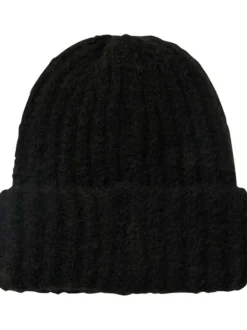 Bonnet noir uni en maille tricotée doux avec un revers