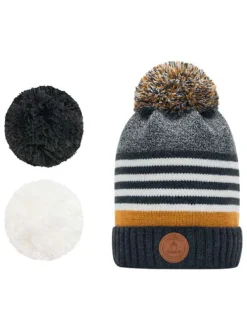 Bonnet anthracite à rayures avec pompons interchangeables
