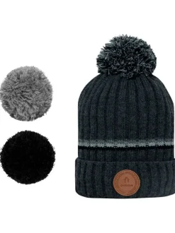 Bonnet anthracite uni à revers avec liserés gris foncés et pompons