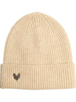 Bonnet beige uni avec un coeur motif léopard brodé à l'avant