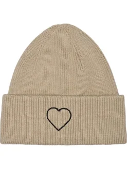 Bonnet beige uni avec un cœur brodé à l'avant et un revers sur le bas