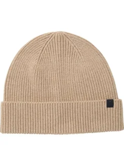 Bonnet beige uni en maille tricotée avec un logo en relief brodé