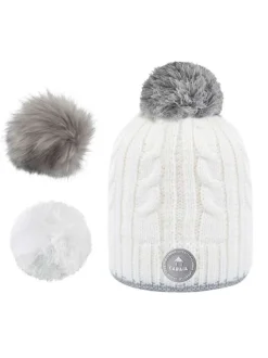 Bonnet blanc uni avec logo de la marque et pompons interchangeables