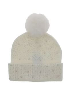 Bonnet blanc uni à revers avec perles et strass sur l'avant et pompon