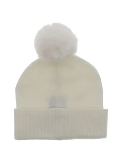 Bonnet blanc uni à revers avec perles et strass sur l'avant et pompon