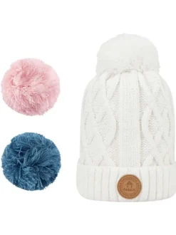 Bonnet blanc uni à revers avec pompons interchangeables