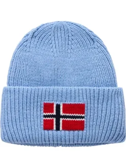 Bonnet bleu clair en maille tricotée avec drapeau norvégien imprimé