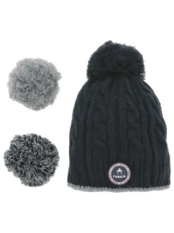 Bonnet bleu marine uni avec un liseré gris et pompons interchangeables