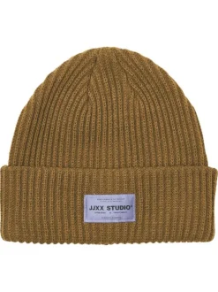 Bonnet camel uni en maille avec l'étiquette de la marque à l'avant