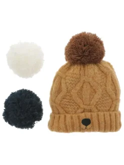Bonnet CITRONNADE camel avec une tête d'ours à l'avant du revers