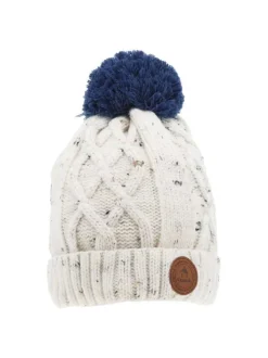 Bonnet écru moucheté noir et beige et pompons interchangeables