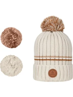 Bonnet écru pourvu de pompons interchangeables de différentes couleurs