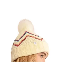 Bonnet écru à revers avec sequins multicolore et pompon blanc