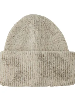 Bonnet écru uni avec large revers côtelé et fil en lurex