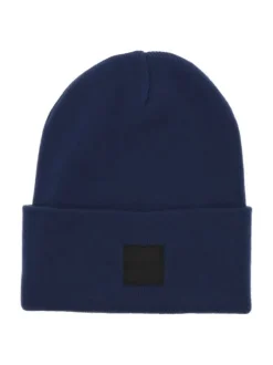Bonnet en coton bleu uni avec un revers large et le nom de la marque