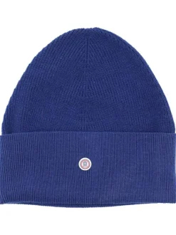 Bonnet en coton bleu uni à revers avec logo de la marque au centre
