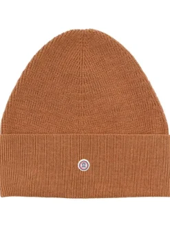 Bonnet en coton camel uni à revers avec logo de la marque au centre