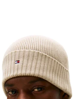 Bonnet en coton côtelé beige uni avec un large revers
