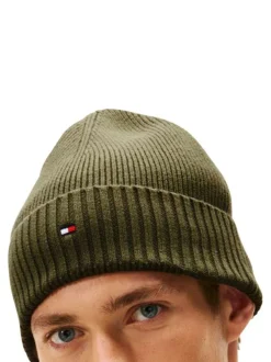 Bonnet en coton côtelé kaki uni avec un large revers