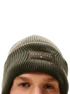 Bonnet en coton kaki uni en bord-côte avec un tour de tête élastiqué