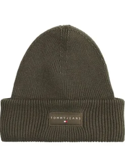 Bonnet en coton kaki uni en bord-côte avec un tour de tête élastiqué