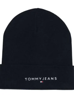 Bonnet en coton marine uni avec nom et logo de la marque sur le revers