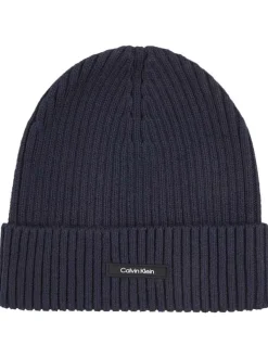 Bonnet en coton marine uni avec nom iconique de la marque à l'avant