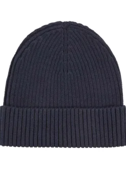 Bonnet en coton marine uni avec nom iconique de la marque à l'avant