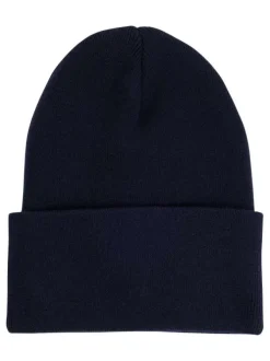 Bonnet en coton marine uni avec patch noir du logo de la marque sur le revers