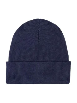Bonnet en coton marine uni avec patch sur le revers au nom de la marque