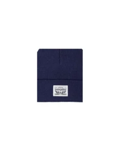 Bonnet en coton marine uni avec patch sur le revers au nom de la marque