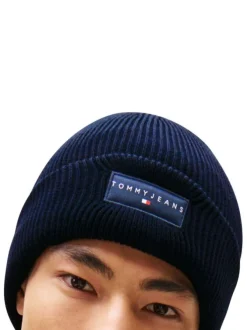Bonnet en coton marine uni en bord-côte avec un tour de tête élastiqué