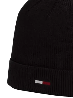 Bonnet en coton noir côtelé uni avec logo brodé sur le revers