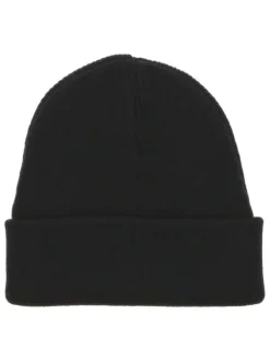 Bonnet en coton noir uni avec marque sur le revers maille en tricot simple