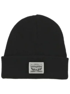 Bonnet en coton noir uni avec marque sur le revers maille en tricot simple