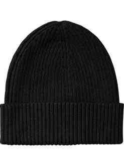 Bonnet en coton noir uni avec un revers sur le bas et nom iconique