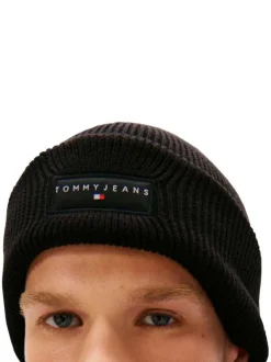 Bonnet en coton noir uni en bord-côte avec un tour de tête élastiqué