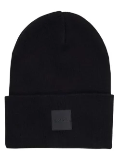 Bonnet en coton noir uni à revers avec patch ton sur ton de la marque