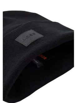 Bonnet en coton noir uni à revers avec patch ton sur ton de la marque