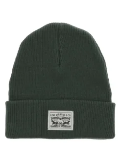 Bonnet en coton vert uni avec nom de la marque sur le revers
