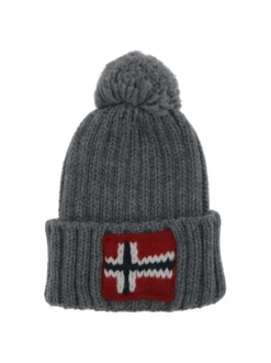 Bonnet en laine mélangée gris clair tricoté avec un pompon sur le dessus