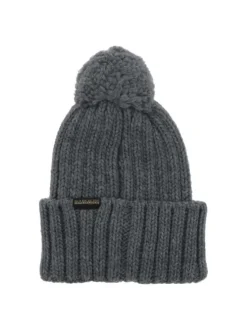 Bonnet en laine mélangée gris clair tricoté avec un pompon sur le dessus