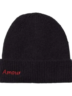 Bonnet en laine mélangée marine uni avec broderie rouge au niveau du revers